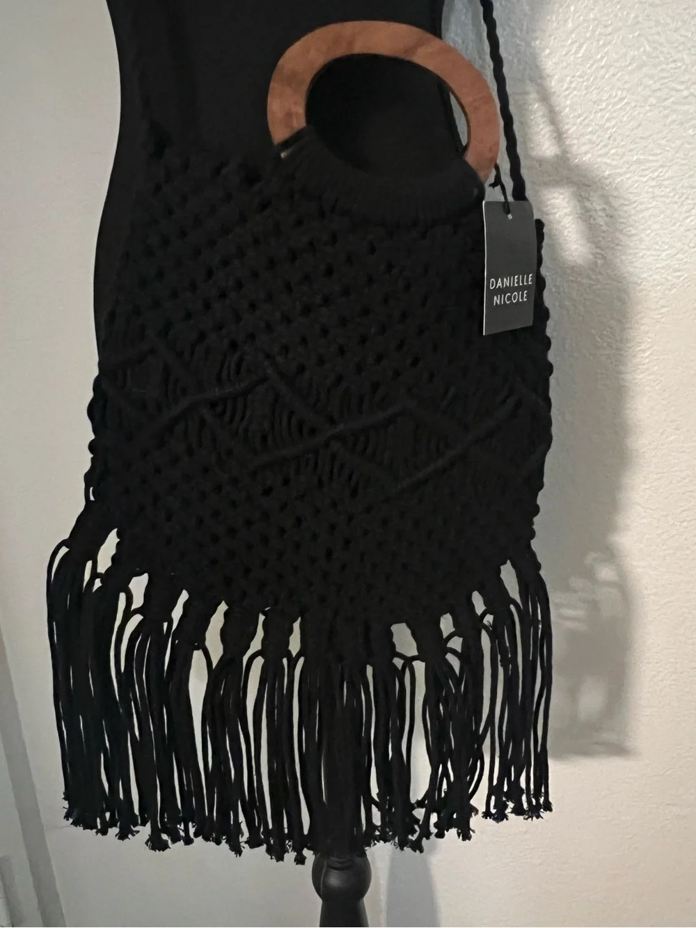NWT Danielle Nicole Black Macramé Fringe Crochet Crossbody Bag with Wood Handle